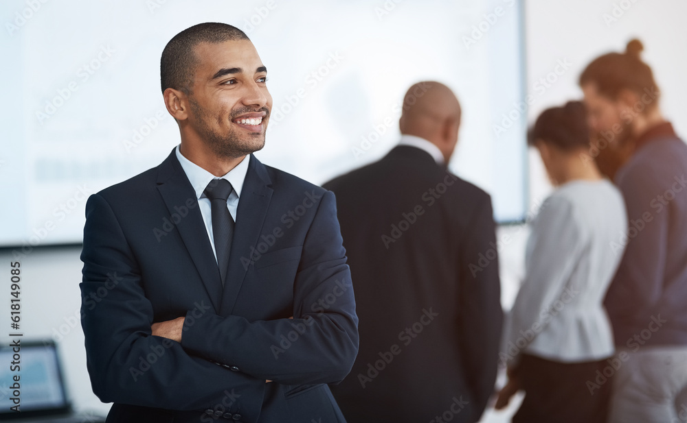 Thinking, business man and arms crossed in a corporate boardroom with professional management. Vision, executive and African male manager at a workplace with leadership motivation and job idea