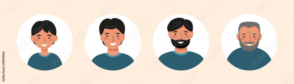 Avatars of man in different ages - from boy till elderly person in flat style. Portraits of man.