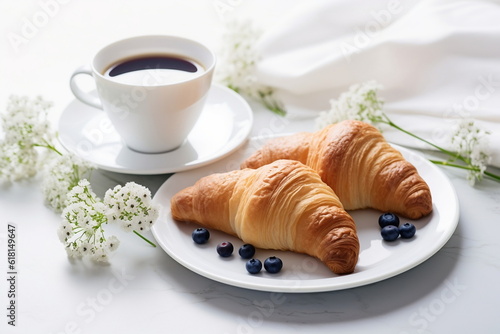 Morning breakfast rustic still life. Coffee cup croissant with cream, flower decoration. Vintage rural sunny light, white plates. Selective focus, high key