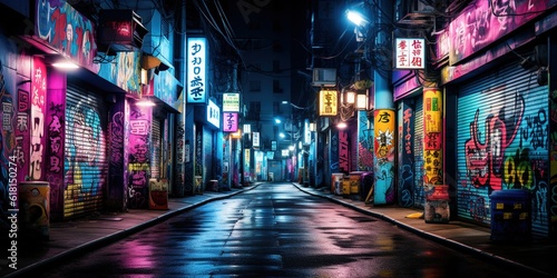 Generative AI, Night scene of big city in cyberpunk style, futuristic nostalgic 80s, 90s. Neon lights vibrant colors, photorealistic horizontal illustration photo