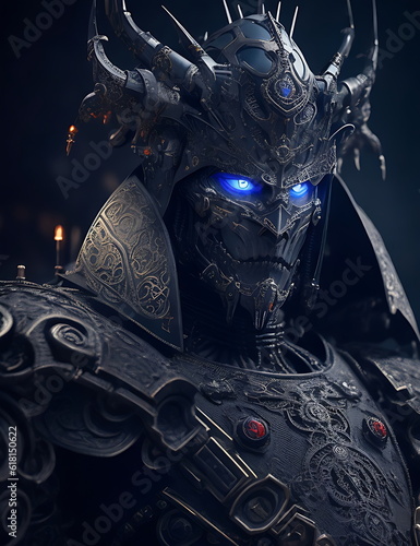 Close-up portrait of a fantasy robotic king in armor. 3D rendering. photo