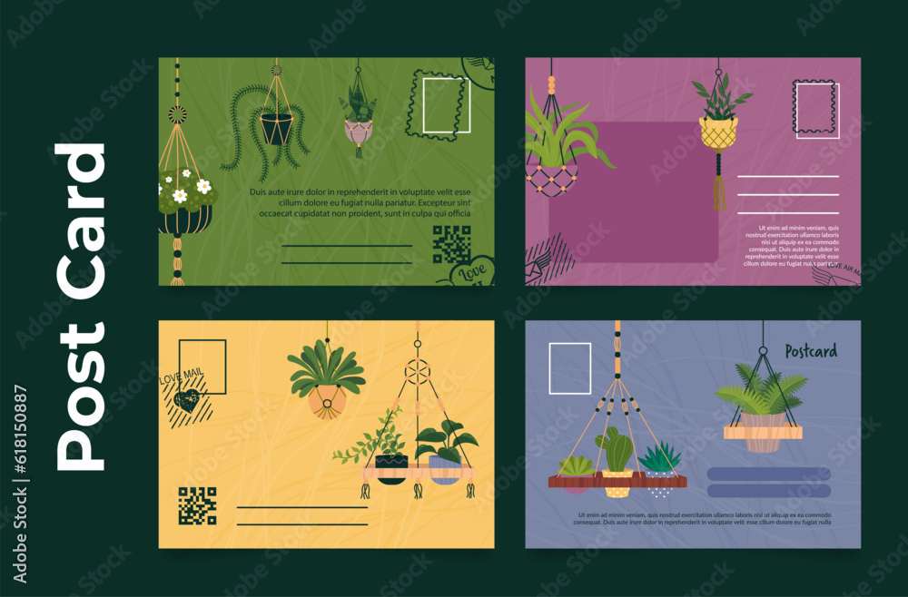 Post card mail correspondence with houseplant potted plant home flower design set vector