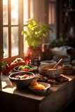 Asian cuisine, Vietnamese pho bo soup, bun bo nam bo, authentic Asian setting, fresh vegetables, Bok choy, pak choi, Chinese cabbage, soft backlight. AI generated