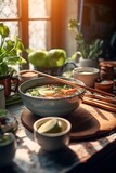 Asian cuisine, Vietnamese pho bo soup, bun bo nam bo, authentic Asian setting, fresh vegetables, Bok choy, pak choi, Chinese cabbage, soft backlight. AI generated