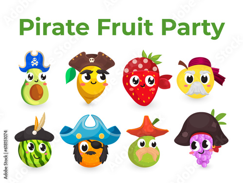 Pirate fruit party cartoon character smileys in carnival costume set isometric vector illustration