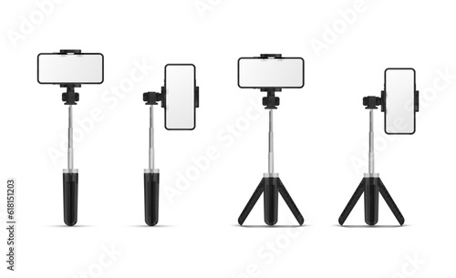 Table tripod monopod stick smartphone holder for blog vlog stream photo video set realistic vector