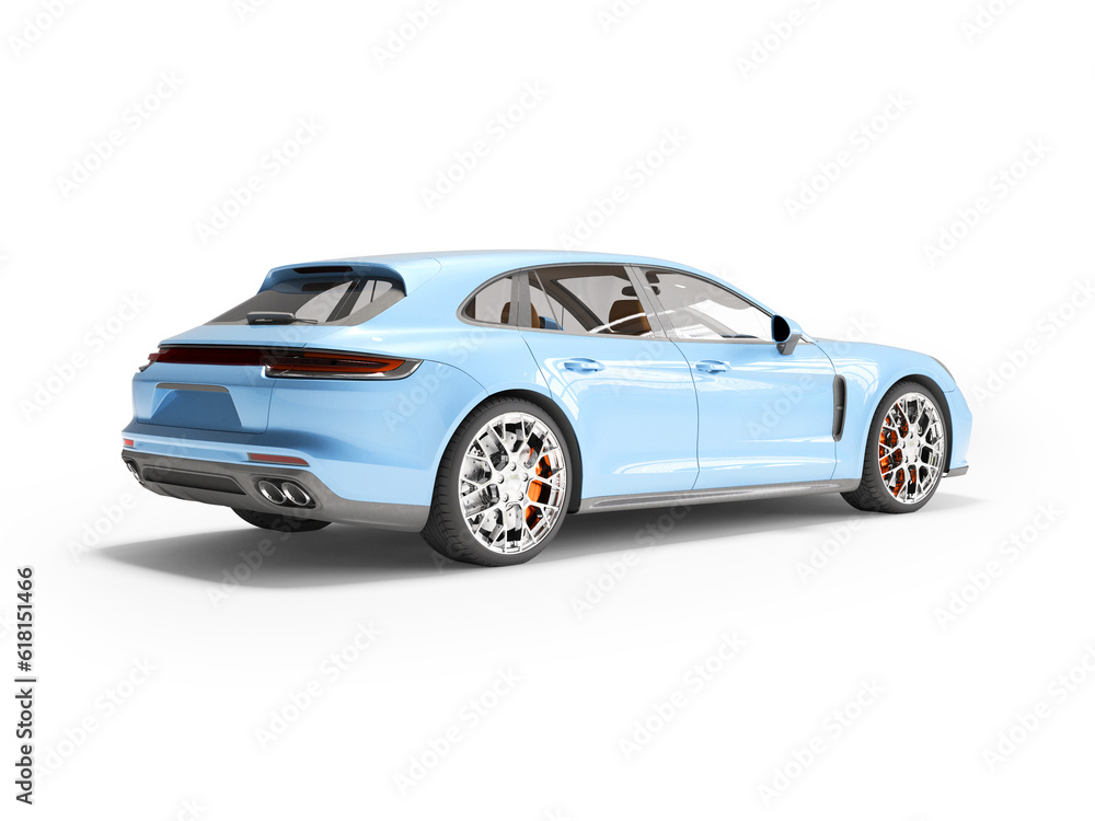 3d rendering of sports car in blue color, rear view on white background with shadow