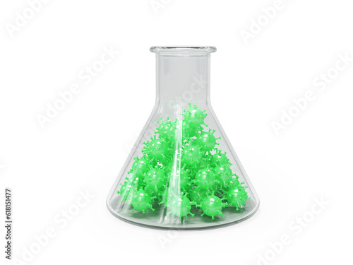 Coronavirus strain green viruses in test tube 3d illustration on white background with shadow