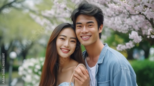 Happy Asian couple in love in a blooming garden on a spring day. Closeup portrait of a cheerful Asian couple in love walking in blooming sakura park. Young adults on a romantic walk outdoors.