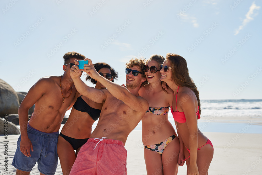 Selfie, beach and group of friends for summer, holiday and vacation in bikini, social media post and content creation. Happy young people or men and women in profile picture or digital memory at sea