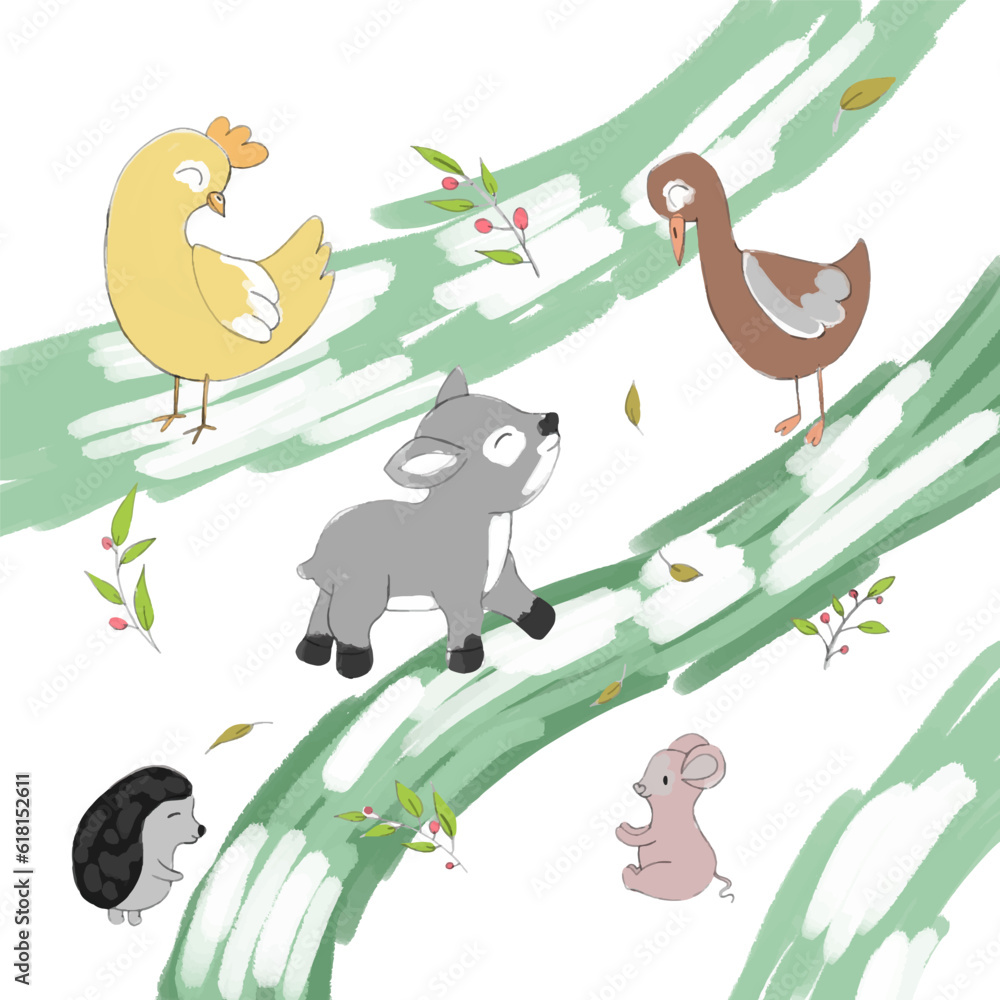 Naklejka premium Cute watercolor background with animals in green colors, zoo