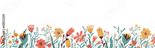 Horizontal retro banner, floral background. tulip, chamomile, leaf, element isolated on white background. botanical illustration with space for text. abstract plant for print, business idea. art