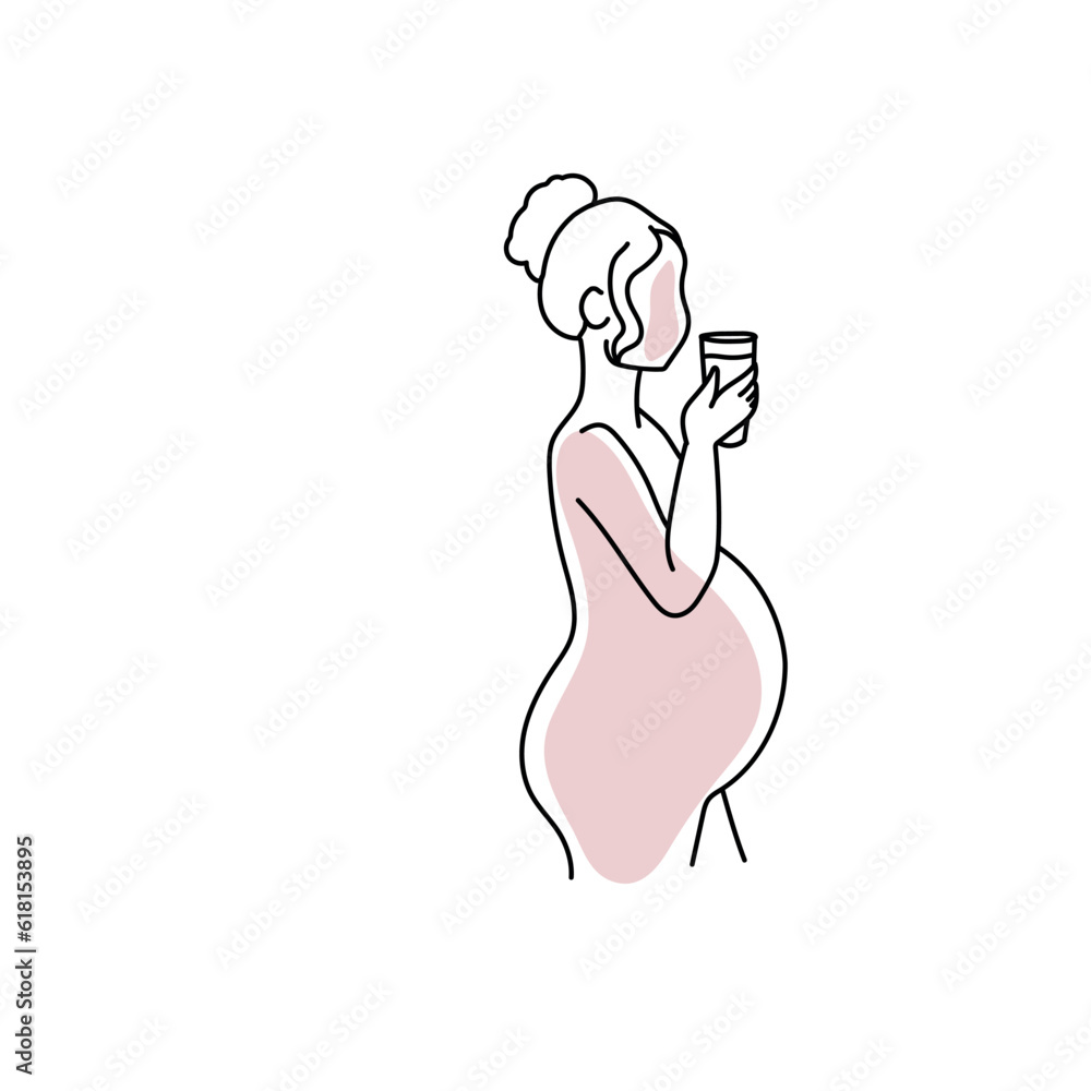Line art pregnant woman holding cup isolated on white background. Line art pregnant woman holding cup isolated on white background.