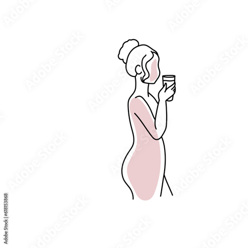 Line art pregnant woman holding cup isolated on white background.