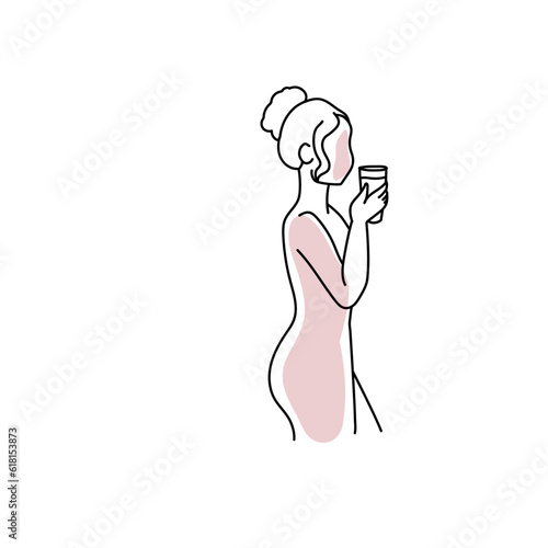 Line art pregnant woman holding cup isolated on white background.