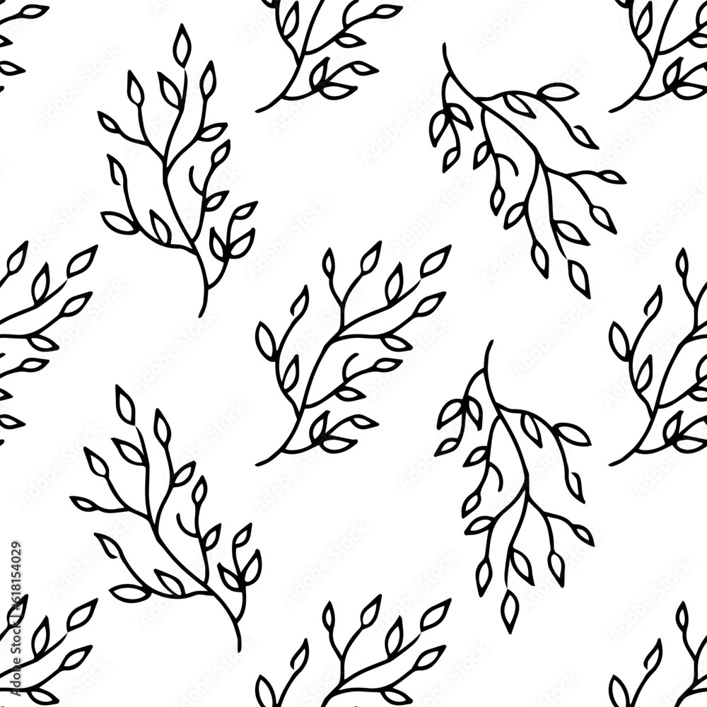 Simple sketch line style element. Doodle cute ink pen brunch with leaves on white background. Doodle leaf seamless pattern. Vector illustration. Simple sketch line style element. Doodle cute ink pen brunch with leaves on white background. Doodle leaf seamless pattern. Vector illustration.