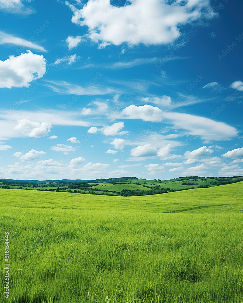 Landscape view of green grass on a hillside with blue sky and clouds in the background. Beautiful natural landscape of countryside hills created with generative AI technology.