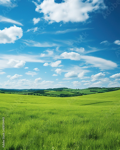 Papier peint Landscape view of green grass on a hillside with blue sky and clouds in the background