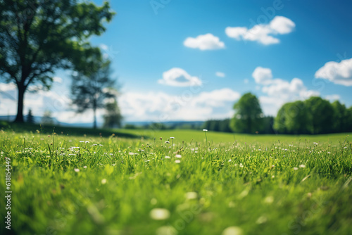 Fresh air and beautiful natural landscape of meadow with green tree in the sunny day for summer background, lower view created with generative AI technology.