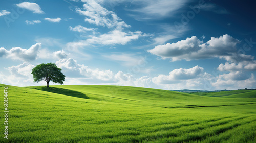 Fotografiet Landscape view of green grass on a hillside with blue sky and clouds in the background