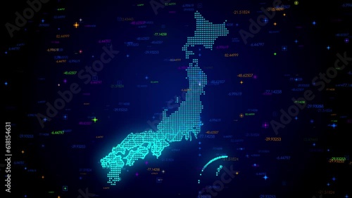 Futuristic Motion View Blue Colorful Shiny Digital Technology Hud Dots Mosaic Grid Japan Map Light Scanning With Numeric Tech Particles Background, Seamless Loop