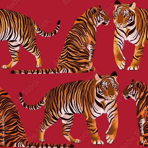 Fototapeta Naklejka Na Ścianę i Meble -  Animal Tiger Art Seamless Pattern. Animal wildlife illustration Background Wallpaper. Safari Wildlife. Sequin embroidery style print. Ornament for clothes, textiles and interior