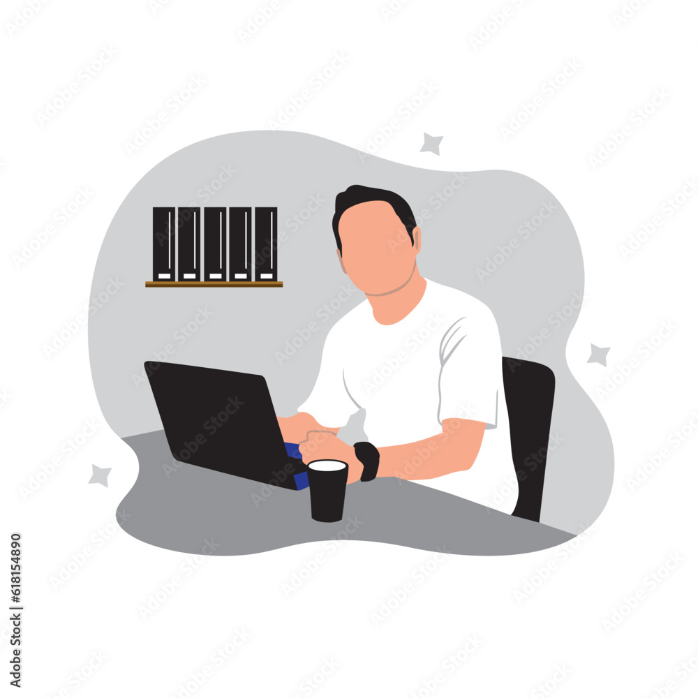 Man working on laptop and drinking coffee. Vector illustration in flat style Man working on laptop and drinking coffee. Vector illustration in flat style