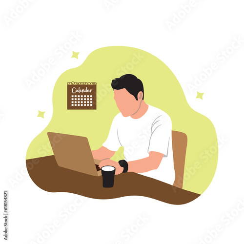 Man working on laptop at home. Freelance work concept. Vector illustration in flat style