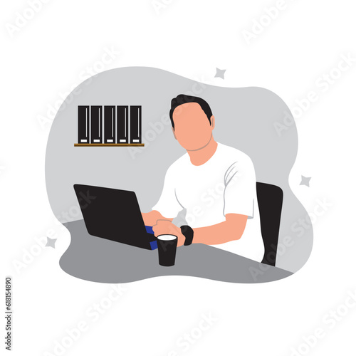 Man working on laptop and drinking coffee. Vector illustration in flat style