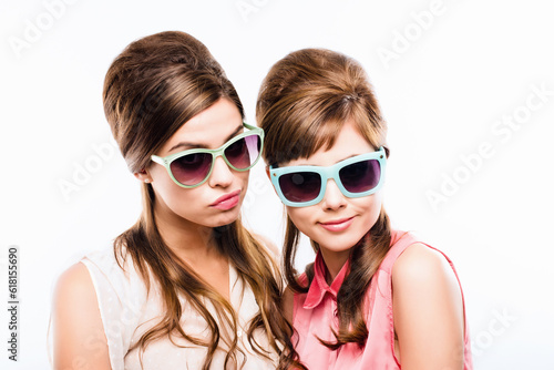 Fashion, vintage and sunglass with portrait of women in studio for elegant, pastel and beauty. Retro, confident and cosmetics with female model on dark background for glamour, beehive and style