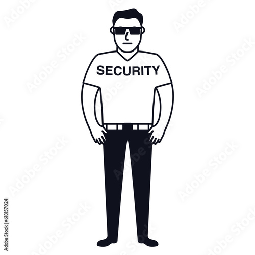 Man security guard of nightclub.Face control.Bouncer in sunglasses.Character cartoon vector illustration.Security guy suit for a shirt and trousers.Isolated on white background.