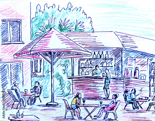 Hotel restaurant terrace. People sitting and talking in summer street bar. Hand drawn sketch.