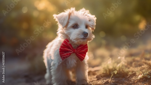 Cute puppy with a bow, sits on the porch of the house, gift concept, greeting card. AI generated