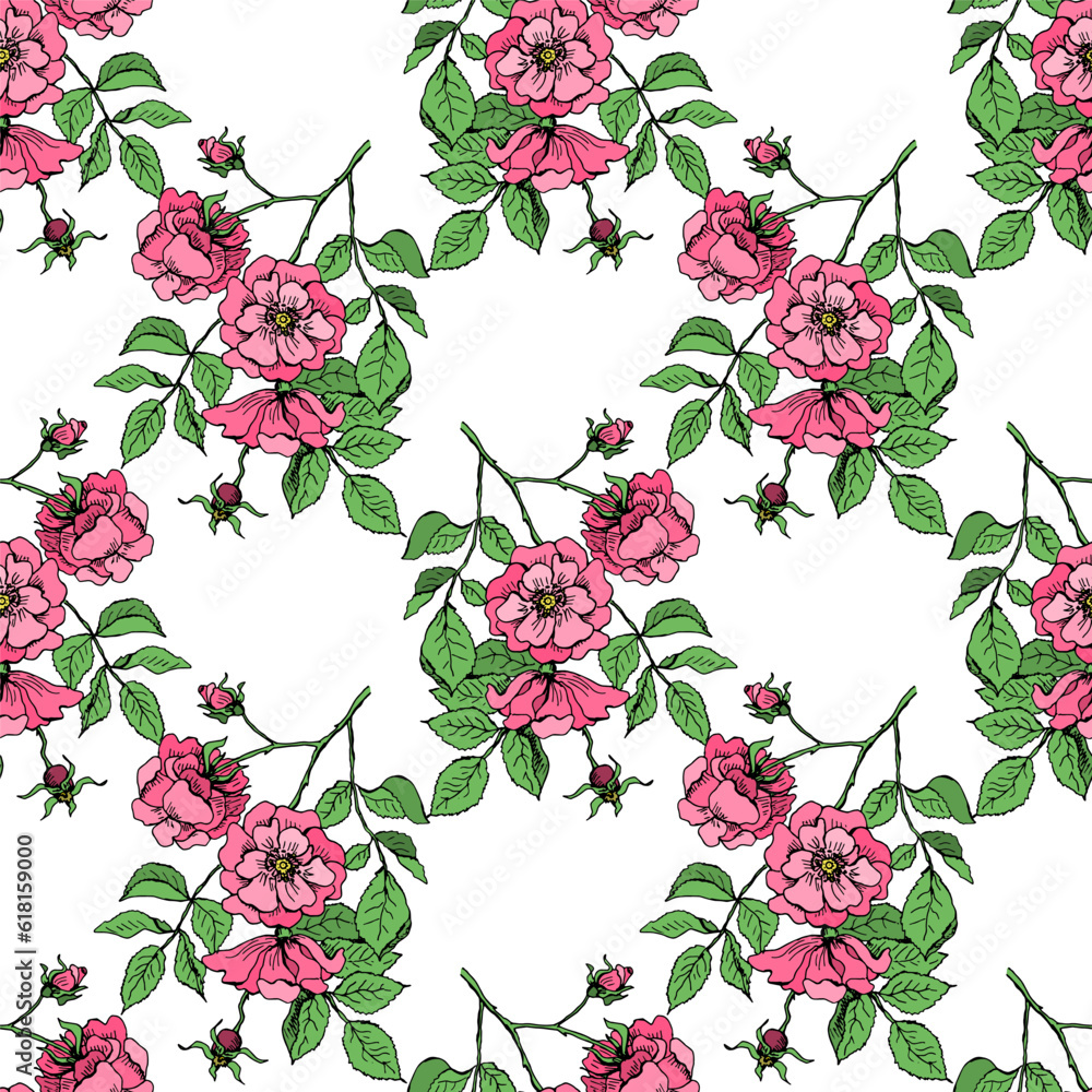 Flowering rose hip branches. Seamless pattern. Flowering rose hip branches. Seamless pattern.