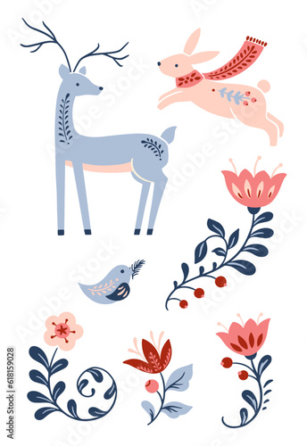 Set of christmas graphic elements with reindeer, bird and rabbit in folk art style
