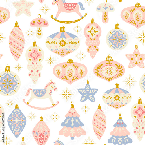 Seamless pattern with christmas balls in pastel colors