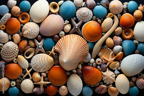 Coastal Seashells: A beach-inspired tile background featuring seashells and sand, types of tiles background, textures Generative AI