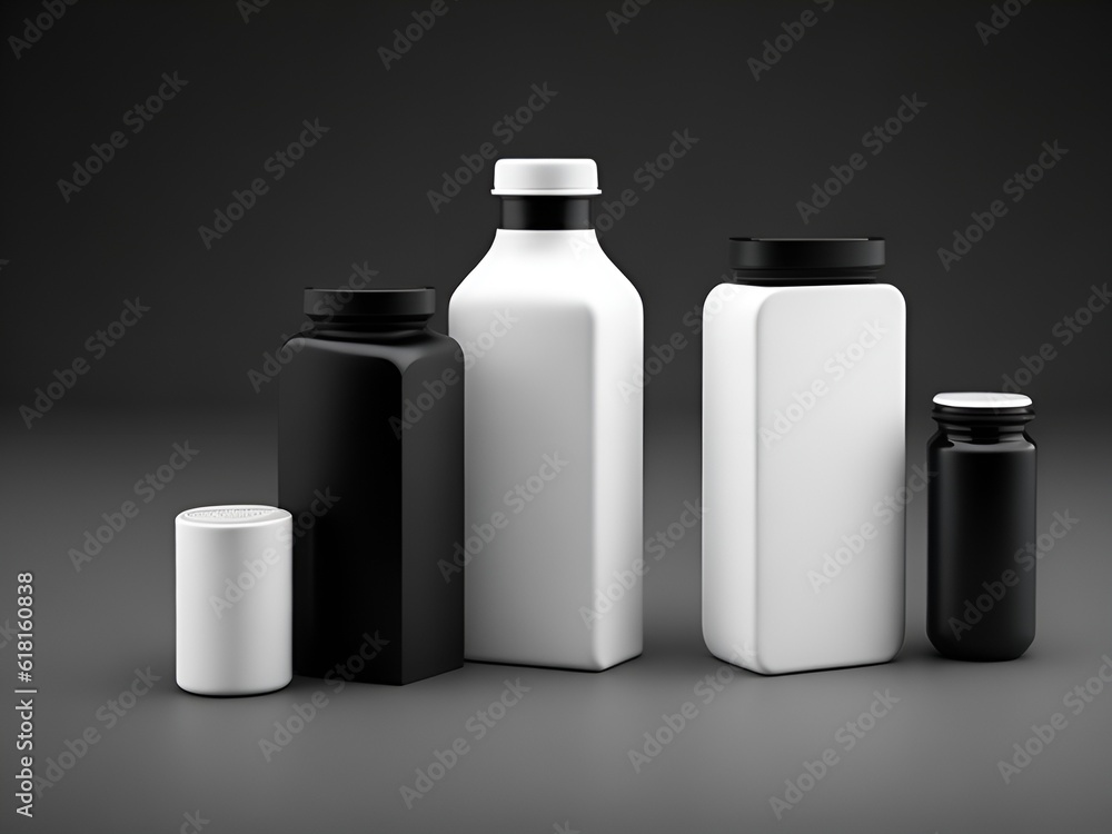 Isolated blank white diet products set, no label or logo, black background, Generative AI. Isolated blank white diet products set, no label or logo, black background, Generative AI.
