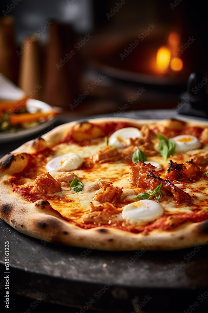 Hot tasty pizza with melting cheese in restaurant Hot tasty pizza with melting cheese in restaurant