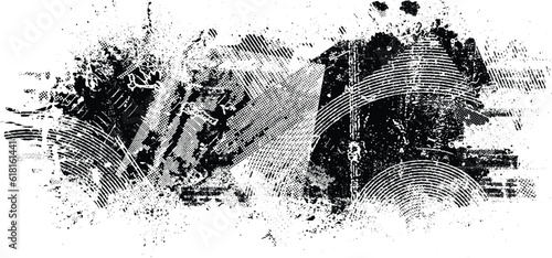 Glitch distorted grange shape . Noise grungy logo . Trendy defect error shapes . Glitched frame .Grunge textured . Distressed effect .Vector shapes with a halftone dots screen print texture.