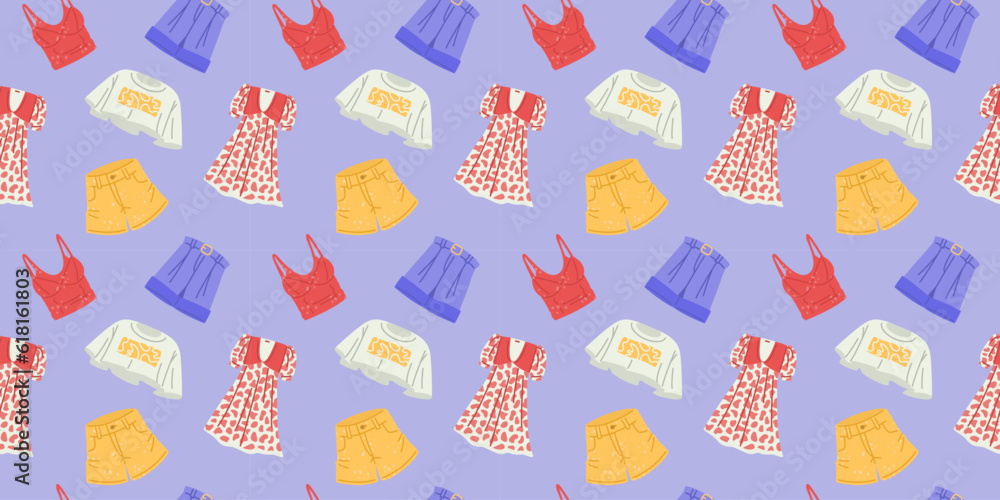 Seamless pattern with summer women s clothing. Shorts, tops and a dress on a blue background. Seamless pattern with summer women s clothing. Shorts, tops and a dress on a blue background.