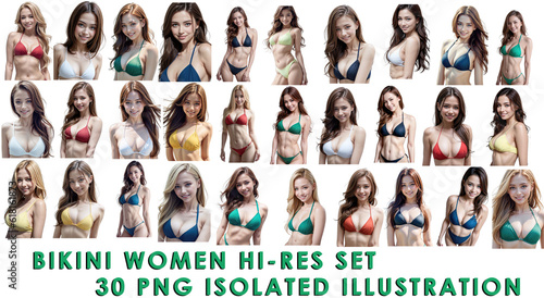 Set of Cute sexy woman in bikini swimsuit. Collection of 30 photoreal illustrations, PNG isolated transparent background anime style cartoon collage