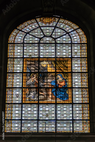 Stained glass window in Paris Saint-Sulpice church (Eglise Saint-Sulpice, 1754). Saint-Sulpice church is one of biggest churches in Paris. FRANCE. 