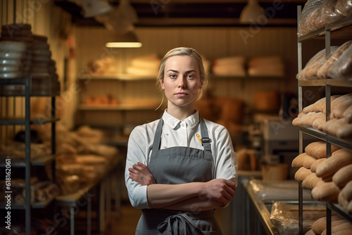 Smiling saleswomen at the bakery. AI generative.