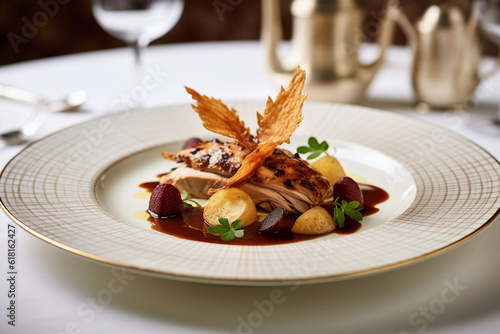 Tela Roast grouse with potato chips served on luxury plate in restaurant