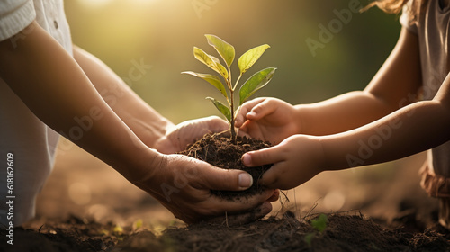 young and old people holding plant.