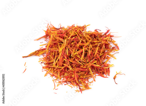 Dried saffron spice isolated on white background.