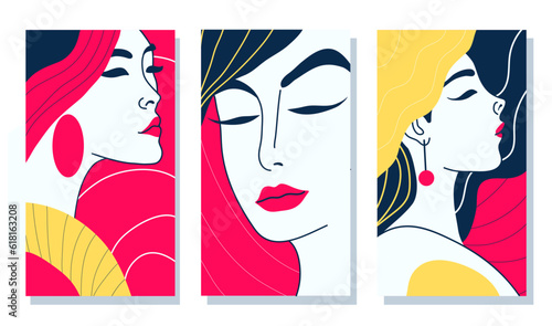 vector set of portraits of girls in abstract minimalist style. portraits of women drawn in minimalism with simple shapes for interior design or web design