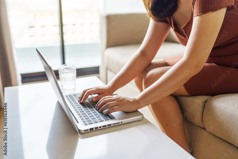 Fototapeta premium woman using computer laptop for work online at living room.