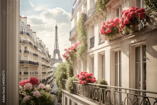 Rue de Paris avec des immeubles Haussmanniens avec des balcons fleuris de géraniums et une vue sur la Tour Eiffel photo